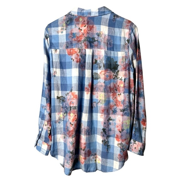 Joules Jeanne Print Blue Gingham Floral Linen Button Up Shirt Classic Fem Size 8 - Picture 4 of 9